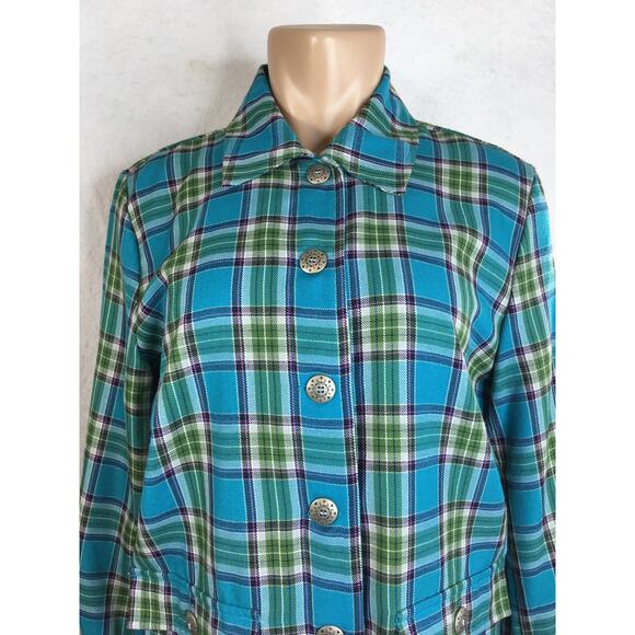 Southern‎ Lady Top Shacket Womens 8 Flannel Button Down Teal Blue & Green Plaid - Picture 8 of 15
